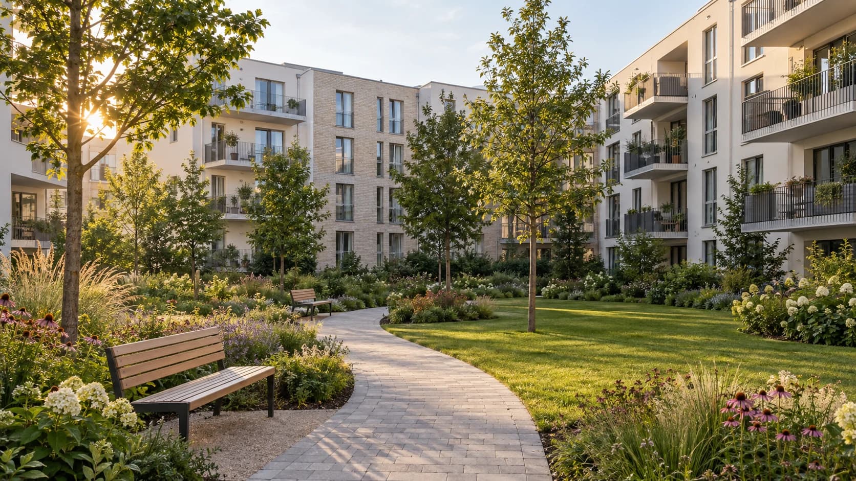 Begrünter Innenhof mit Sitzbänken · KI-Visualisierung · Neubau Kapitalanlage Magdeburg · HOU