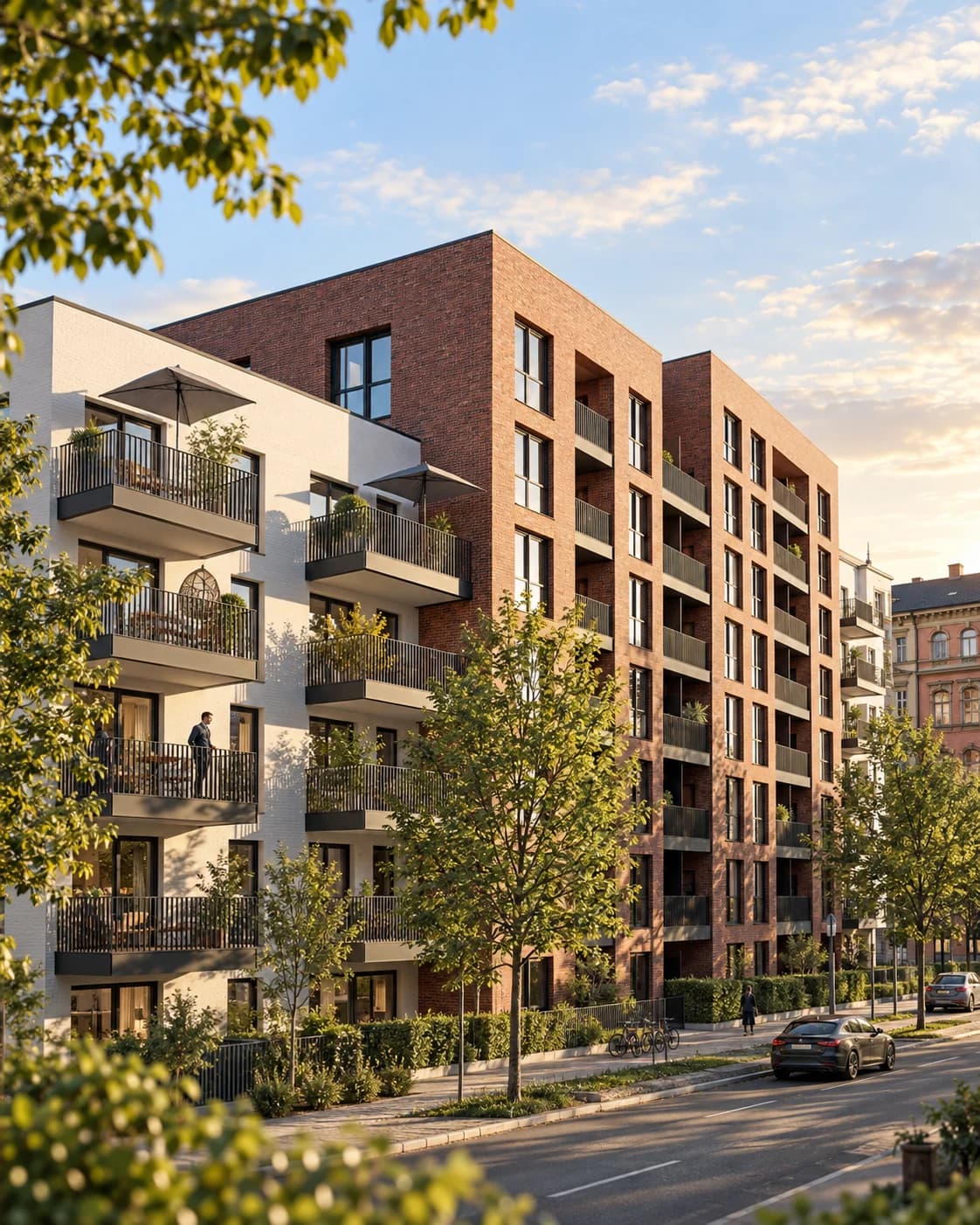 Straßenansicht mit Balkonen und Klinkerfassade · KI-Visualisierung · Neubau Kapitalanlage Magdeburg · HOU